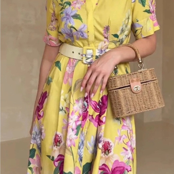 Zara Floral Yellow Dress with the Belt - Picture 2 of 10